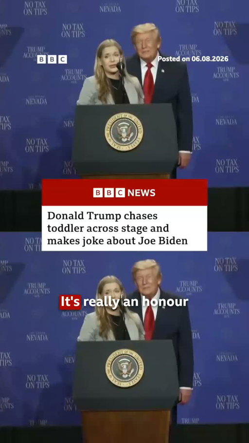 This was the moment Donald Trump chased a toddler who started to wander off stage. 
 
His parents were invited on stage by the US president in Nevada to talk about tax breaks on overtime and tips. 
 
#DonaldTrump #BBCNews