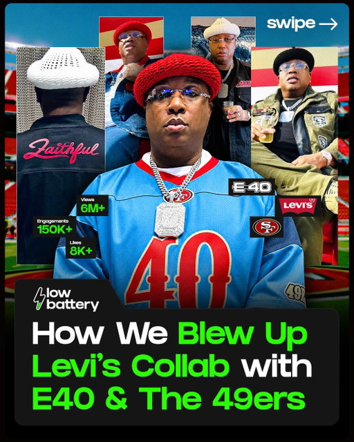 Levi's wanted E-40's run as the brand's gameday ambassador to live beyond the stadium... Enter @lowbattery 🔋

We linked with E-40 on gameday at Levi's Stadium to produce custom content around every fit and sideline moment - then amplified it to younger fans across our network.

How we did it:
• Custom content production w/ @e40 on gameday at Levi's Stadium
• Editorial features & amplification across @rap
• Real-time posting timed to 49ers game days

The results:
• 6M+ views
• 150K+ engagements
• 8K+ shares
• Across 18 posts

S/o @e40 & @levis for letting us bring the Bay's biggest ambassador to the feed🏈