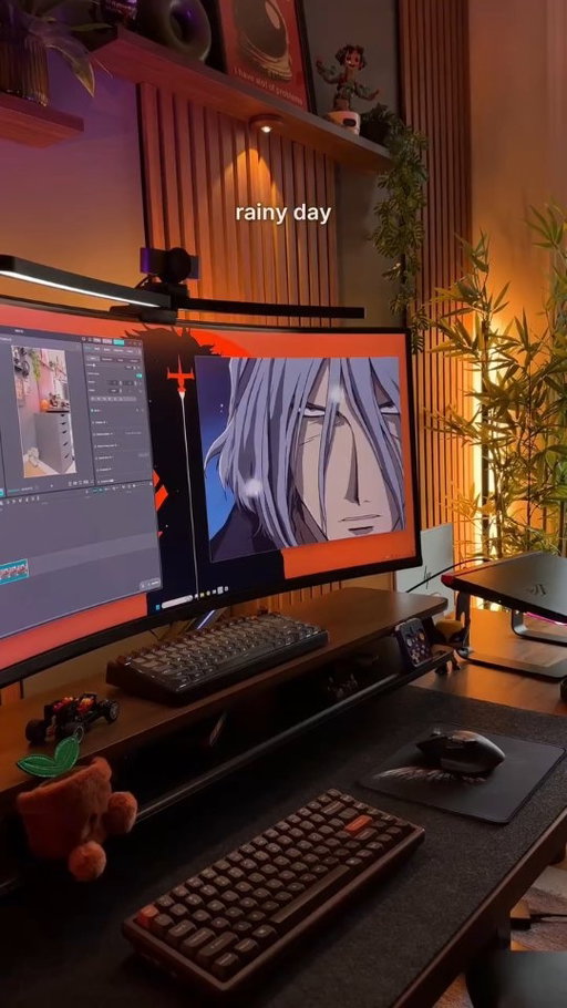 There's nothing better than a rainy day, settled into your desk setup, watching anime and doing what you love.

#desksetup #cozysetup #anime #homebody #aestheticsetup