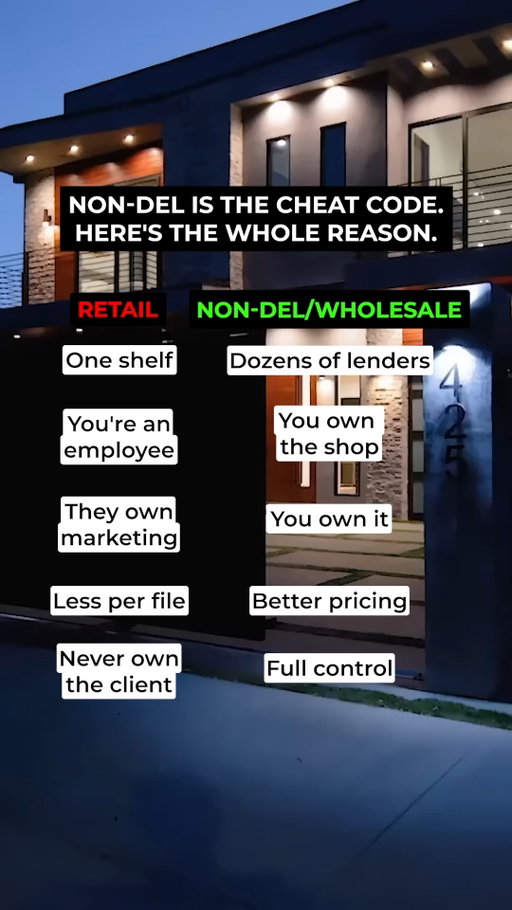 Non-Del is the mortgage cheat code. Retail limits you, Non-Del gives you ultimate leverage!

#mortgage #strategy #lender