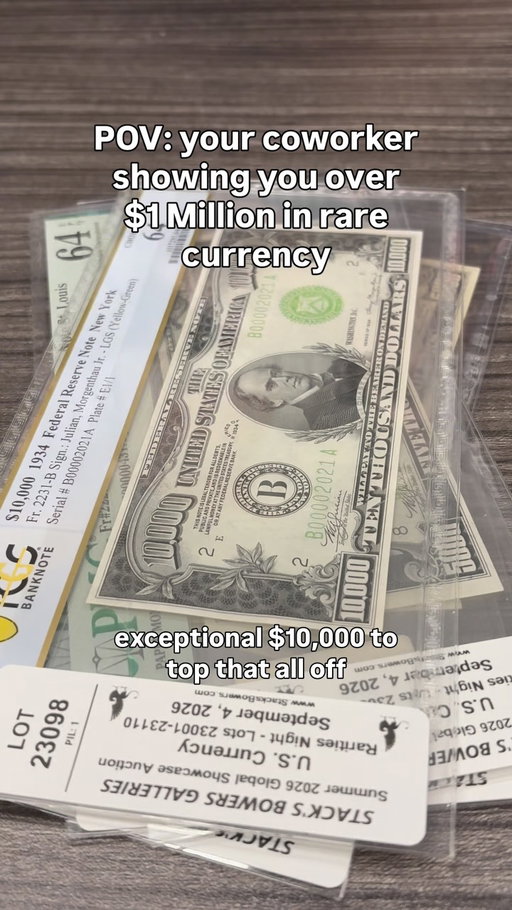 $25,000 in Rare Currency Estimated at over $1 Million 🤯

In this video Bradley casually shows us not one but three $5,000 bills and the highly coveted $10,000 bill. Although each of these rare currency bills are expected to fetch well over six figures most people don’t realize that the $5,000 bills are actually more scarce than the $10,000 bill. 

Lot 23095 · Fr. 2220-G. 1928 $5000 Federal Reserve Note. Chicago. PMG Choice Uncirculated 64.

Lot 23096 · Fr. 2220-G. 1928 $5000 Federal Reserve Note. Chicago. PMG About Uncirculated 50.

Lot 23097 · Fr. 2221-H. 1934 $5000 Federal Reserve Note. St. Louis. PMG Choice Uncirculated 64 EPQ.

Lot 23098 · Fr. 2231-B. 1934 Light Green Seal $10,000 Federal Reserve Note. New York. PCGS Banknote Choice Uncirculated 64. Ex-Binion Horseshoe Display.

Live Bidding begins Sep 4, 2026 at 4:00 PM PDT