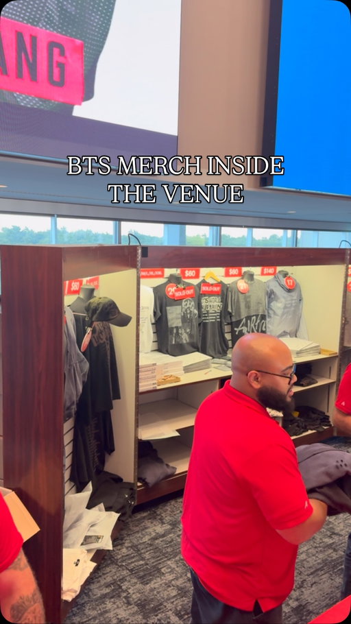Seeing everyone post about the BTS World Tour: Arirang concert merch trucks outside of the venues and the pickup orders, so I wanted to share a quick video of what was for sale inside @gillettestadium 💜 This was around 7:30PM and some fan faves were sold out or had just one size left, the jerseys and the grey zip up hoodie with the patches were only available outside, but some things that sold out outside were still available inside (like the hat, which I got and will share in my haul try on later) #btsarmy #btsmerch #arirangtour #concertmerch #bts