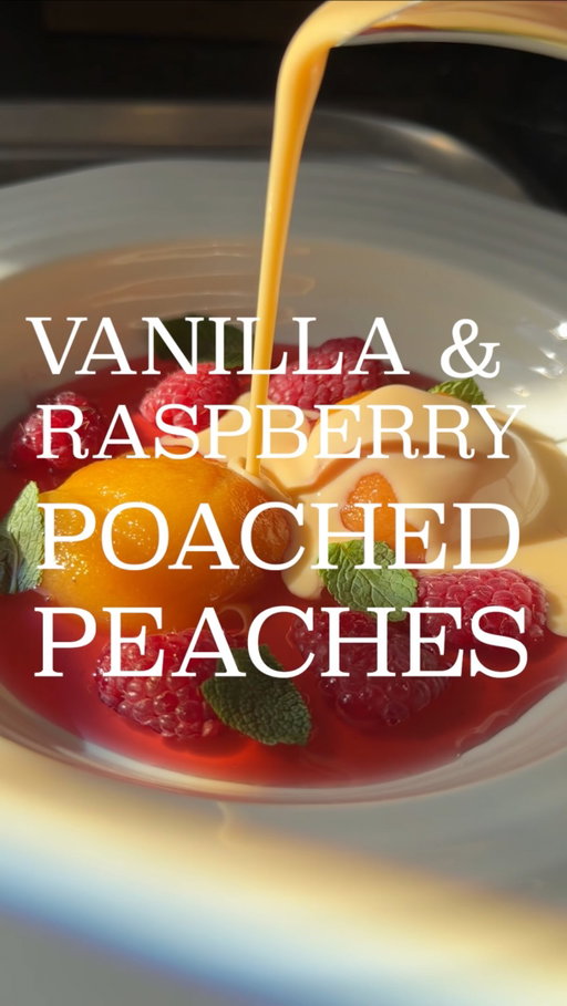 VANILLA & RASPBERRY POACHED PEACHES 🍑 RECIPE ⬇️

This is the perfect summer dessert; delicious by itself or as a base for other things (shown here with berries, creme anglaise, and meringue). Simple, beautiful, and they can be made the day before. 
* Add 600ml water, 200g caster sugar, juice of half a lemon, 2-3 vanilla pods (halved) and 150g raspberries to a wide saucepan. Bring to a simmer, crush the raspberries lightly with a spoon, and simmer for 30 minutes
* Strain out all the solids and return the liquid to the pan
* Score a small X in the base of 4-6 peaches and lower them into the simmering syrup. Poach for 20-30 mins until they yield to a skewer but still hold their shape
* Lift out with a slotted spoon. Once cool enough to handle, peel off the skins, halve and remove the stones
* Place in a container and pour over enough syrup to cover. Refrigerate for at least an hour - the longer they sit, the deeper the colour
* Reduce the remaining syrup by half over a medium heat until glossy. Cool and use as a drizzle to serve

#recipe #dessert #cooking #summer #food
