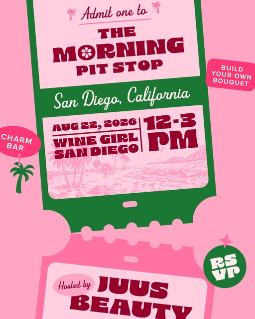juus is headed to the west coast 🌴 SAN DIEGO, we’re bringing The Morning Pit Stop to you! Join us Saturday, August 22nd from 12:00pm-3:00pm for a juusy event to celebrate our fun, fruity deodorants! Find us at Wine Girl San Diego ☀️
 
The details:
🍈 Stop by the scent station to pick your new favorite deodorant
🌷 Take home a floral bouquet from @flowerfrens
🍊 Customize a mini deo with charms
🍒 Snap a pic in the photo booth by @pixsterphotobooth
 
Don’t miss out on free juus girl swag - tote bags, stickers, product samples and more! Show up, show out and get a chance to win a prize!
 
Sign up to receive Morning Pit Stop reminders with the event page link in our bio! 💗 We can’t wait to have cali girls like you on this ride 🤭 See you there xo

#popup #sandiego #juus #themorningpitstop