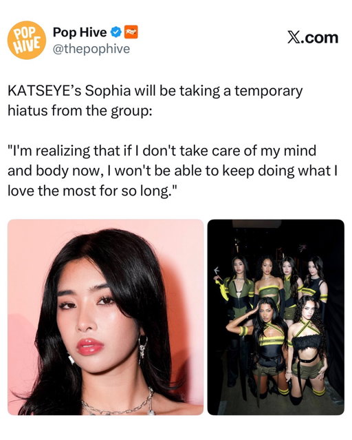 HYBE has announced that KATSEYE member Sophia Laforteza is taking a temporary hiatus from the girl group to prioritize her mental health and wellness.

This development comes six months after her bandmate Manon similarly stepped back from the group to focus on her own well-being.

While Sophia rests and recovers, the remaining active members of the group are still scheduled to release their new EP, ‘Wild,’ in mid-August and begin a global tour in September.