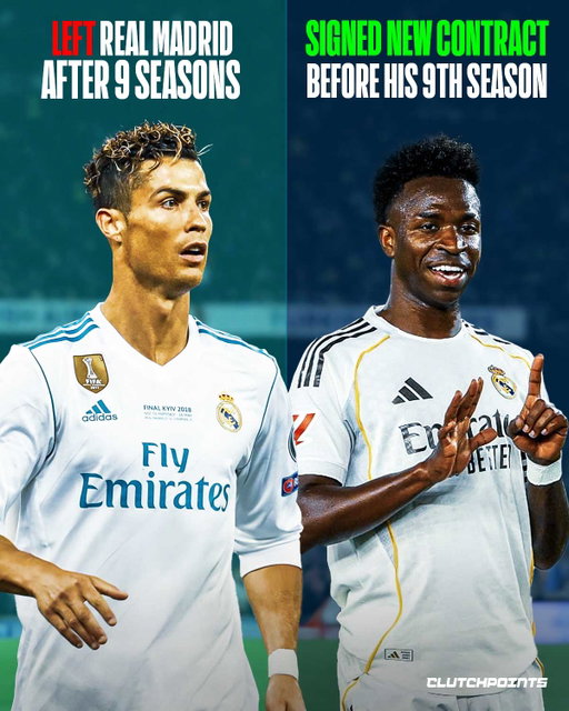 Two iconic No. 7s. Two very different endings 😳

After 9 seasons at Real Madrid C.F. , Cristiano Ronaldo  left the club in the summer of 2018, bringing an end to one of the greatest chapters in football history.

Meanwhile, just before the start of his 9th season as a Madridista, Vinicius Jr. has chosen a different path.

The Brazilian has agreed to a six-year contract extension through 2032, committing his future to the club despite weeks of speculation surrounding his future.

Two legendary #7:

🔴 One left after nine unforgettable years.
🟢 The other has decided to stay and continue writing his story in white.