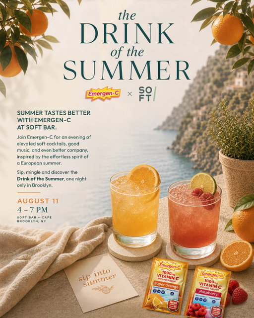 ☀️ Your Drink of Summer has officially arrived.

Join us at Soft Bar with Emergen-C for a golden-hour happy hour featuring refreshing soft cocktails, feel-good vibes, and a little taste of Euro Summer. 🍊✨

📍 Tuesday, August 11
🕔 5–7 PM

Sip, mingle, and experience the Drink of Summer – for one evening only. 🍹🌿

Spots are limited. Reserve yours at the link in bio. ✨