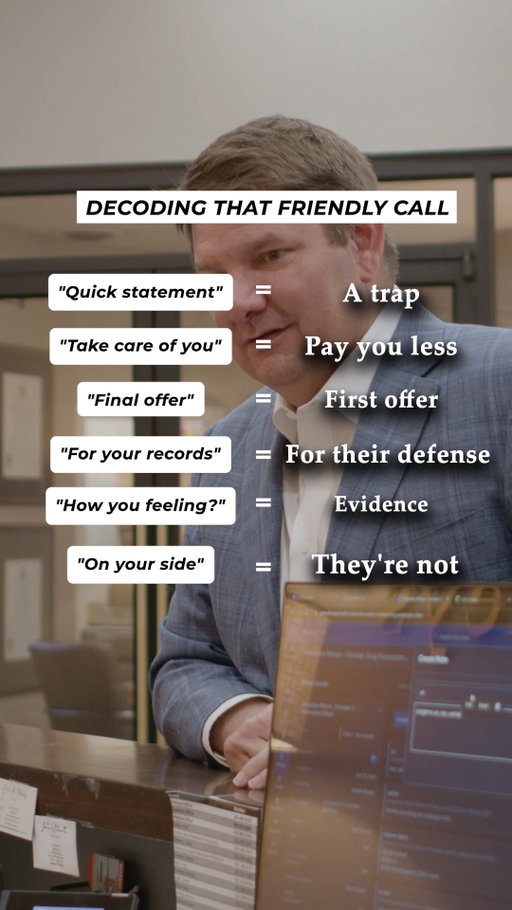 Don't mistake a friendly voice for someone on your side.

Insurance companies investigate claims from the very first call. What sounds like casual conversation can end up being used to challenge your injury claim.

Think before you speak. Protect your rights before you protect their case.

#TexasPersonalInjury #InsuranceClaims #CarAccidentLawyer #KnowYourRights #WestTexasLaw #KeithAndLorfing #WestTexasTough #InjuryClaim
