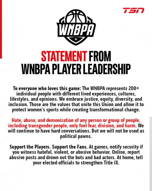 The WNBPA has released a statement emphasizing diversity and inclusion, amidst a recent focus on transgender athletes.
