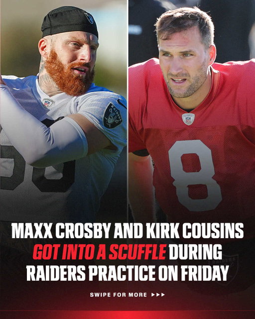 Tempers flared during Raiders training camp Friday when Maxx Crosby hit QB Kirk Cousins' arm twice during practice. 

Full story at the link in bio 🔗