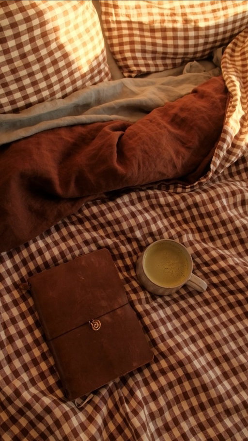 Sunday diaries: 

Little footsteps down the hall. Bed hair. Books piled up. First light in our eyes because we still don’t have curtains (and kind of love it). Matcha. Soft linen. Scrambled eggs. 

Dream chocolate gingham from @ilovelinen. This might just be my favourite bedding colour combo ever 🤎 

#collaboration #tinyhome #tinyhouse