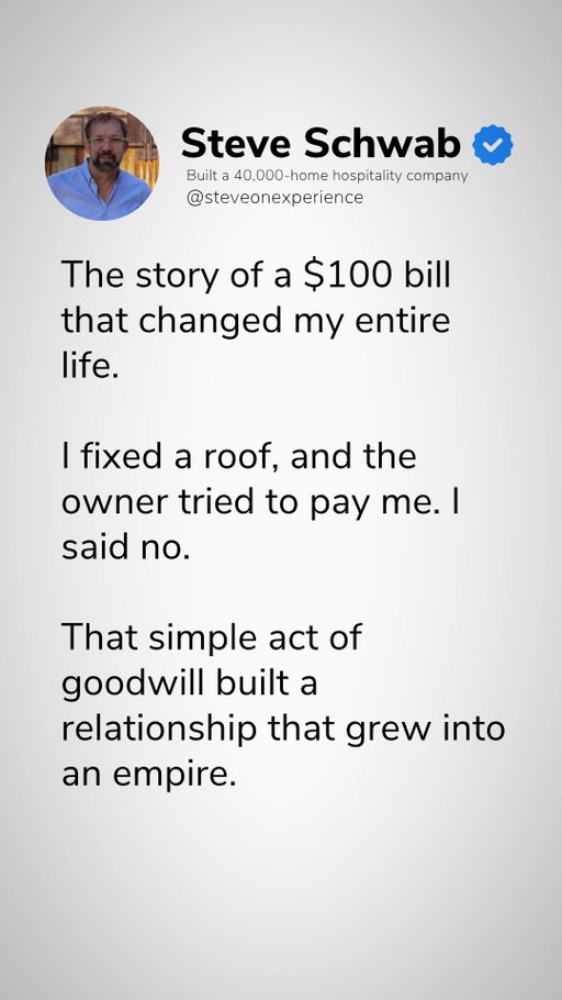 Short-term gain vs. long-term trust. 

I needed the $100, but saying "no" was the best decision I ever made for my business.

That one moment proved that we were in it for the people, not just the payout. That foundation of genuine service and integrity is what turned a simple gesture into a 40,000-home company.

Build trust first. Scale follows.

Follow @steveschwab1971 for more hospitality and leadership insights.

#HospitalityLeadership #StartupStory #CompanyCulture #Founders