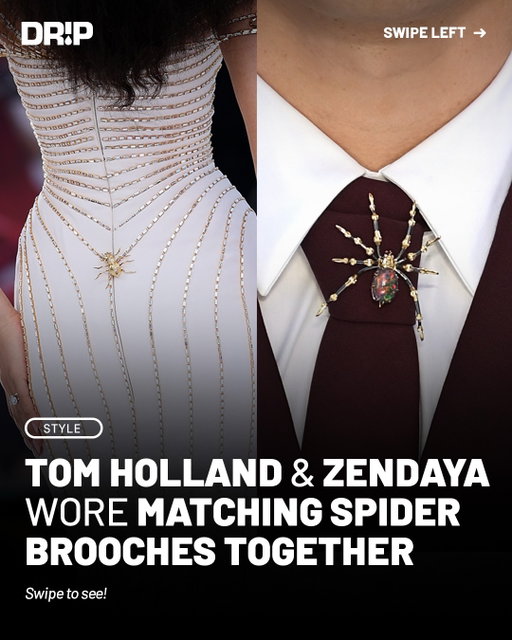 At the U.K. premiere of Spider-Man: Brand New Day, Tom Holland and Zendaya coordinated their looks with spider shaped brooches that turned the film’s most recognizable symbol into high jewelry.

Zendaya wore a champagne Tamara Ralph couture gown finished with a gold Keren Wolf spider brooch at the base of her back, while Holland pinned a Pragnell spider brooch to the knot of his tie over a custom burgundy double breasted suit.

Holland’s piece featured black opals and diamonds, while the matching accessories continued the spider inspired “method dressing” that has defined much of the couple’s press tour style.