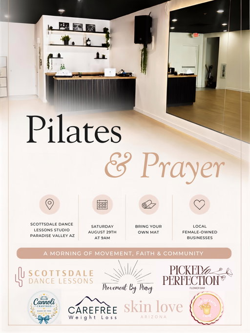 comment “PILATES” for the invite link! share this with a lady who would love this 💗

Mat Pilates, LIVE worship music, prayer, meet local female owned brands, and take home a beautiful bouquet by @pickedtoperfection

We are partnering up with @scottsdaledancelessons to bring to you our faith-centered signature mat Pilates style workout & prayer indoors in their beautiful brand new dance studio located near Paradise Valley and Scottsdale.

See you there 💗

#pilates #prayer #christian #arizona #scottsdale