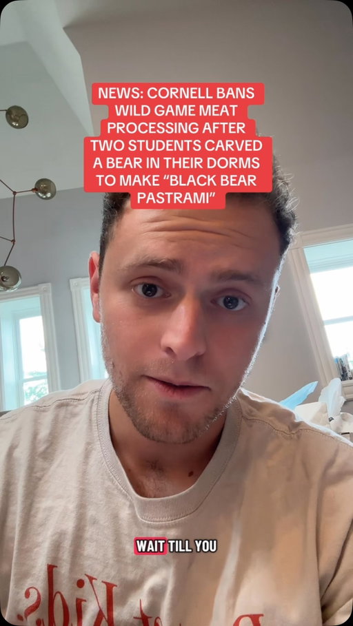 Cornell University bans students from processing wild game in dorm kitchens after two students butchered a bear to make “black bear pastrami.”