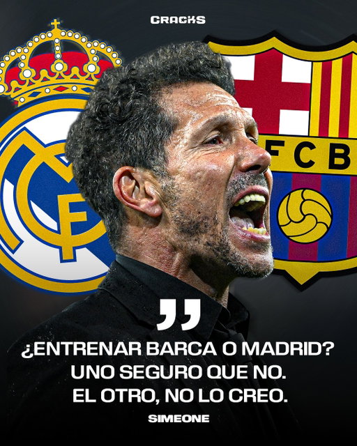 👀 SIMEONE RESPONDE... ¿CLARO?

🔴⚪ Al preguntarle si algún día entrenaría al Real Madrid o al Barcelona, el Cholo respondió: «Uno seguro que no. El otro, no lo creo».

🏆 Simeone aseguró que todavía tiene energía para seguir en el Atlético y mantiene intacta su ambición por volver a ganar títulos.