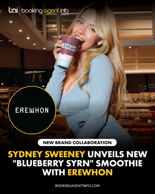 Sydney Sweeney (@sydney_sweeney) has teamed up with Erewhon (@erewhon) to launch the exclusive new “Blueberry SYRN” Smoothie.

Inspired by Sweeney’s go-to Erewhon breakfast, the limited-edition smoothie puts a blueberry-muffin spin on the retailer’s signature celebrity drink format and comes topped with organic vegan coconut “bacon.” 

Proceeds from sales will support Pink Ribbon Good, which provides services to people affected by breast and gynecological cancers.

The accompanying video spot follows Sweeney through Erewhon as she builds the smoothie herself, gathering ingredients around the store before mixing everything from blueberries to bone broth protein and collagen.

The collaboration puts Sweeney into a celebrity marketing playbook that Erewhon has turned into a cultural phenomenon. 

The Los Angeles retailer has repeatedly used limited-edition smoothies as extensions of talent brands, projects, and personal identities, with previous collaborators including Hailey Bieber, whose “Strawberry Glaze Skin” smoothie became one of Erewhon’s biggest viral hits, as well as Bella Hadid, Kendall Jenner, Olivia Rodrigo, Sabrina Carpenter, Sofia Richie Grainge, and Kacey Musgraves.

Create a free account at BookingAgentInfo.com to be the first to know about new entertainment brand partnerships.

Follow @bookingagentinfo_ for more.