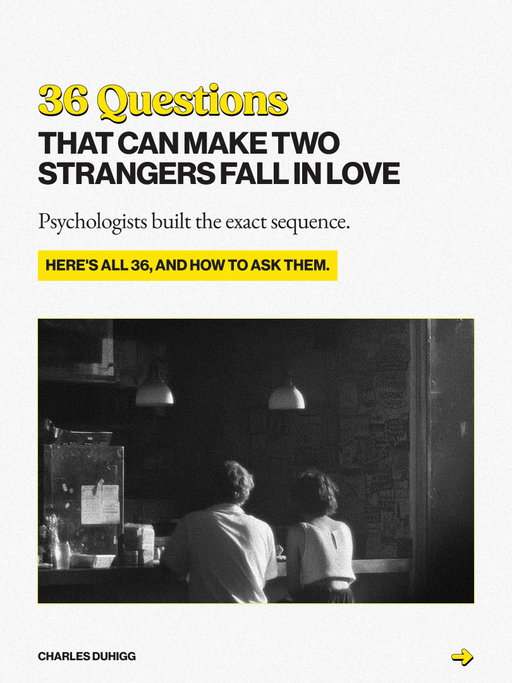 In 1997 the psychologist Arthur Aron proved you can engineer closeness. He sat two strangers down with 36 questions in three escalating sets, and 45 minutes later some felt closer to each other than to lifelong friends. One pair married. Here's the full list, plus how to actually ask them: take turns, answer everything, and never ask for more than you're willing to give. Start light, slow down as it deepens, and finish by mirroring each other. Connection was always a sequence, not a spark. More stories like this in The Science of Better (link in bio).