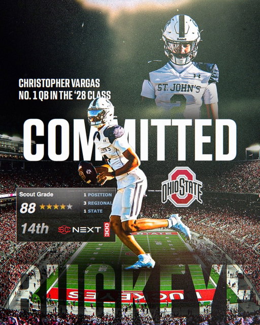 Recruiting news: Elite 2028 QB Chris Vargas just committed to Ohio State 🌰 @chris.vargas2 

The Buckeyes land the No. 14 overall prospect and No. 1 ranked pocket-passer in the SC Next Jr. 300 for the class of 2028. It’s already their fourth top-100 commit in the ‘28 class. 

(Game film via @hudl)