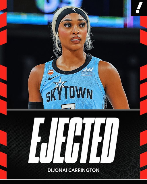 DiJonai Carrington was ejected after her foul from behind of Sophie Cunningham was upgraded to a Flagrant 2 in the first quarter of Fever-Sky.