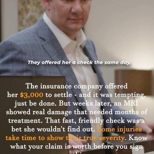 That same-day settlement check can look tempting - especially when you think you're only dealing with a sore back.

But what happens when an MRI weeks later reveals an injury that requires months of treatment?

Before accepting an insurance settlement, make sure you understand what you're actually giving up.

#PersonalInjuryLaw #TexasInjuryLaw #CarWreck #InsuranceAdjuster #KnowYourRights #KeithAndLorfing #WestTexas