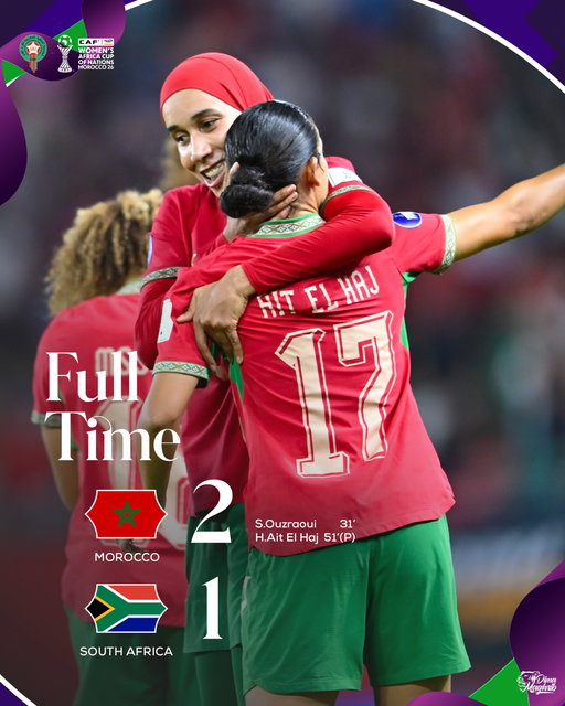 نهاية المباراة بفوز وتأهل منتخبنا الوطني النسوي إلى نصف نهائي كأس أمم إفريقيا، مع حجز بطاقة التأهل إلى كأس العالم للسيدات — البرازيل 2027 🤩

🏁Full-time!! 🇲🇦2-1🇿🇦
Our Women’s National Team defeats South Africa and qualifies for the semi-finals, while securing a spot in the FIFA Women’s World Cup Brazil 2027™️ 💪

#DimaMaghrib