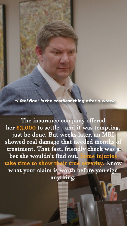 The first offer isn't necessarily the full value of your injury.

After a crash, some injuries take time to show themselves. A quick settlement may cover today's expenses while leaving you responsible for tomorrow's medical bills and lost income.

Don't let a fast check make a long-term decision for you.

#TexasPersonalInjury #CarAccidentLawyer #InsuranceClaims #InjuryLaw #WestTexasLaw #KeithAndLorfing #WestTexasTough