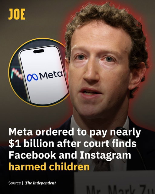 Social media's impact on children is no longer just a debate⁠
⁠
Meta has been ordered to pay nearly $1 billion after a New Mexico court ruled that Facebook and Instagram harmed children's mental health and safety.⁠
⁠
The decision combines a previous $375 million civil penalty with a new $567 million fund for youth mental health, bringing the total to $942 million.⁠
⁠
The court also ordered Meta to introduce stronger protections for young users, including new safety measures and changes to how its platforms operate.⁠
Meta has said it plans to appeal the ruling.