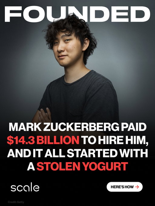 Meta spent $14.3 billion on a deal that brought Alexandr Wang into its AI empire.

His journey started with someone stealing yogurt from his MIT fridge.

Wang built a camera system to catch the thief, but discovered a bigger problem: AI couldn’t recognize what it hadn’t been properly taught.

At 19, he dropped out and co-founded Scale AI with Lucy Guo.

Soon, Scale was powering self-driving companies, OpenAI and a $350 million US Army contract.

By 24, Wang was a self-made billionaire.

Scale later reached $870 million in annual revenue before Meta took a 49% stake at a $29 billion valuation.

A missing yogurt helped expose a billion-dollar problem.
