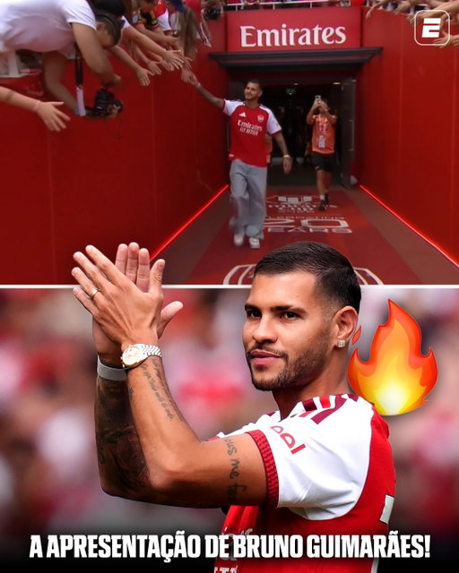 ELE CHEGOU, TORCEDOR DOS GUNNERS! 🇧🇷👏 

Apresentado como novo reforço do Arsenal, Bruno Guimarães entrou no campo antes do amistoso do clube londrino contra o Borussia Dortmund.

O volante brasileiro assinou contrato de quatro anos, com opção de renovação por mais uma temporada, e fez os Gunners desembolsarem 75 milhões de libras (R$ 514,3 milhões) ao Newcastle.

#FutebolNaESPN #BrunoGuimarães