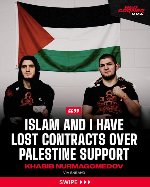 “Money compared to lost lives is nothing.”

Khabib Nurmagomedov has revealed that he, Islam Makhachev and Usman Nurmagomedov have lost sponsorship contracts because of their support for Palestine. 🇵🇸

Speaking during a recent talk, the former UFC lightweight champion explained that their stance has come at a financial cost, but that money is insignificant when compared to the loss of human lives.

“Islam and I have lost contracts over Palestine support.”

A revealing insight into the price some fighters are willing to pay for standing behind a cause they believe in. 🦅🇵🇸

Via @sneako.0