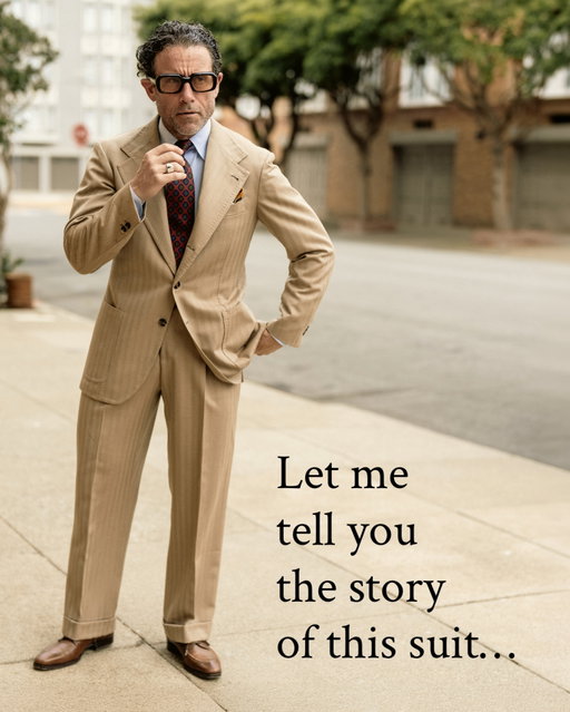 Indulge me as I relate how this suit came about. Swipe for captions ➡️

Back in the days of Tumblr, pictures of Italian industrialists, magnates, and fashion consiglieri were buckshotted around the internet and hit the #menswear universe with the delicate impact of a sledgehammer.

For the uninitiated, the fabric is Solaro, invented over 100 years ago by Louis Westenra of the London School of Hygiene and Tropical Medicine as a military fabric to protect soldiers from UV radiation (nice try, bro). Shortly afterwards it became available to the general public through Smith Woollens, now produced by @harrisons1863

Besides the history of misguided medicine, what makes this fabric special is not only the intriguing mix of pale khaki, dusty olive, and saturated crimson, but the fact that the sum effect is such that the outside resolves to a unique beige while the underside is a light brick red.

Because of that, depending on the light, flashes of warm iridescence gives it a visual interest much more compelling than its plain herringbone weave would suggest.

Sadly, like many trends of the time, it quickly became caricature, an amalgam of everything, everywhere, all at once.

However, fabric is not sprezzatura.

It is still a classic fabric and relatively understated.

It now comes in 10 and 12oz varieties, so it can be worn in both warm and cool summers.

When @sartoria_pastena_elegance came to town, I chose the 12oz version of the fabric. He measured me in person & sent me a trial suit. We then did a fitting over video, I made some suggestions, and then shipped the suit back to Naples.

This is the final result. I just need to take the pants waist in, but otherwise it’s perfect, and the suit that had been tugging at me for almost 20 years has finally come to be.