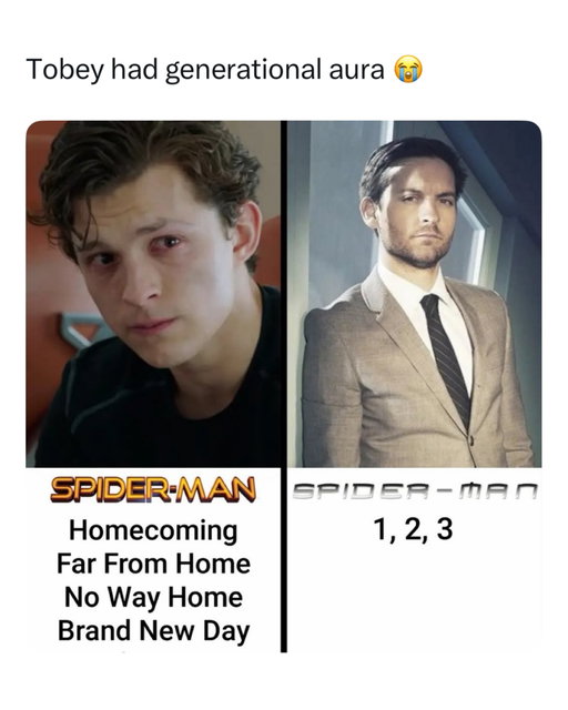 Tobey really had the kind of aura you can’t teach 🫪

(🎥: comicbook.multiverse)

Tobey Maguire’s Spider Man came from a completely different era of superhero movies, and somehow that only makes the aura stronger. His trilogy gave an entire generation its definitive Peter Parker, while Tom Holland’s Spider Man has now grown into his own era with Homecoming, Far From Home, No Way Home, and Brand New Day.

The funniest part is the contrast. Tom looks like the Spider Man who is still figuring everything out, while Tobey looks like he has already seen every possible version of the multiverse and is quietly judging the new guy. Bro has the face of someone who was Spider Man before Spider Man became a career path.