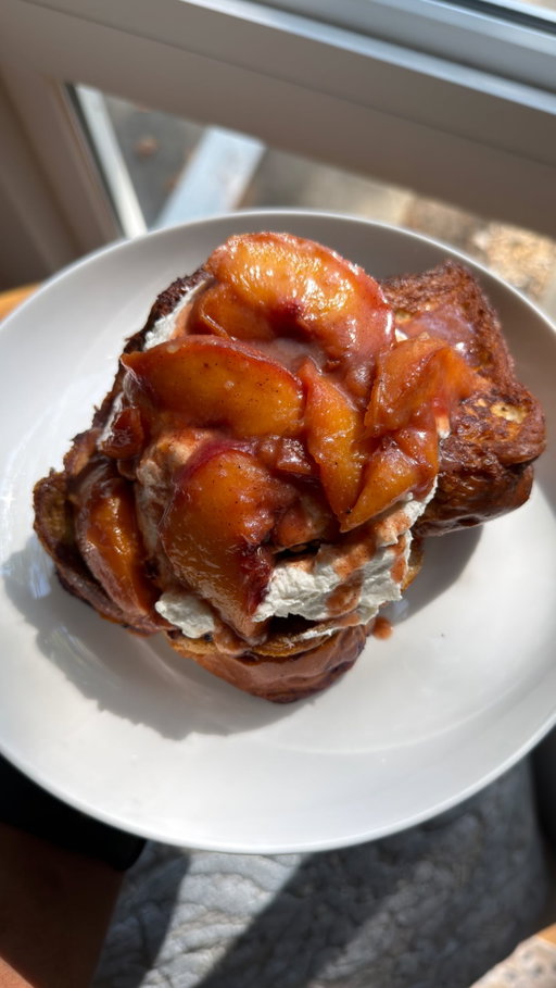 Summer Peach and Blueberry Mascarpone Stuffed French Toast 

Soft slices of thick brioche bread stuffed with blueberries and mascarpone cheese and topped with caramelized peaches and fresh whipped cream. A dish to capture the final taste of summer before fall arrives.