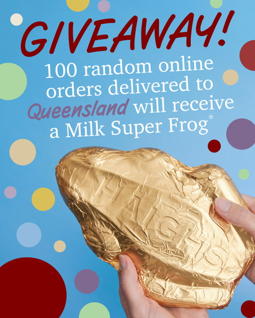 We're hopping with excitement to come to Queensland! 🐸🍫

Before our first store at Mt Gravatt opens later this month, we're sending a little something your way. A bonus Milk Chocolate Super Frog will be hopping into 100 random online orders with a delivery address to Queensland. 

Simply place an order via the Haigh's online store placed between the 10th and 21st of August,  no minimum spend required. Queensland orders only.  View terms and conditions via the link in our bio.