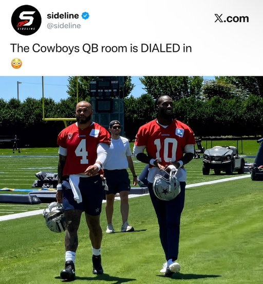 The Cowboys QB room is looking absolutely ELITE 😳🔥

Dallas’ quarterback room has been one of the more encouraging groups through training camp. Dak Prescott continues to look sharp as the clear starter, showing his command of the offense and connecting consistently with CeeDee Lamb and George Pickens. Even with a few defensive wins mixed in, Dak has repeatedly delivered some of the biggest throws of camp. 

Behind him, Joe Milton and Sam Howell have both given Dallas plenty to feel good about in the backup competition. Milton brings the big arm and athletic upside, while Howell has looked comfortable and decisive with his experience as a former starter. Both have flashed enough throughout camp to make the QB room feel legitimately deep heading into the preseason.