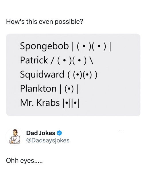 Why is SpongeBob may be the main character in the show…When Patrick is the star? 🤔

Pattern recognition is the brain’s ability to identify repeated shapes, sounds, behaviours, sequences, or relationships and use them to understand what is happening. It is fundamental to learning, allowing us to recognize faces, understand language, predict routines, read words, and notice when something does not belong.

Humans are so good at finding patterns that we sometimes discover ones that are not actually there, a tendency related to apophenia and pareidolia. The same brain that can recognize a predator hiding in the grass can also stare at random clouds and confidently announce that one of them looks exactly like Abraham Lincoln.

Like this content? Follow us for more @dadsaysjokes ❤️