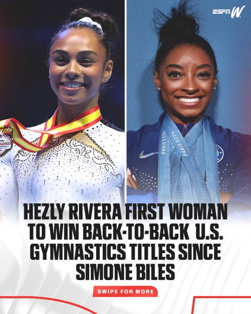 Hezly Rivera joined ELITE company with her second consecutive U.S. gymnastics national championship gold 🥇👏 (📸 @hezrivera, @sunisalee)