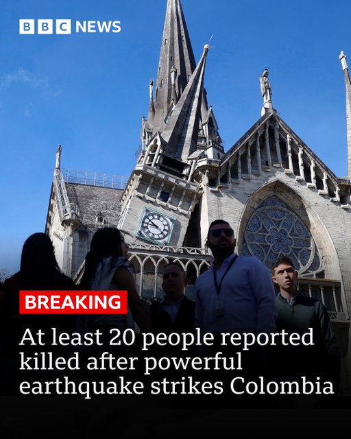 A powerful earthquake has caused significant damage in western Colombia.
 
The magnitude-7.4 quake struck on Monday at 07:34 (12:34 GMT) at a depth of 82km (51 miles), Colombia's geological service said.
 
The epicentre was in San José del Palmar, in the Chocó region, according to the US Geological Survey
 
At least 20 people have died, according to the mayor of the city of Pereira.

Tap the link in @BBCNews's bio to follow developments live.
 
(📷 Getty Images)
 
#BBCNews