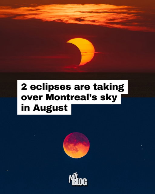 Montreal's sky will be graced by two different eclipses in August, starting with a partial solar eclipse this week. 🌒

This Wednesday afternoon, the moon will block about 18% of the sun in Montreal — and up to 55% farther east in Quebec — with peak viewing time around 1:45 p.m.

Then, overnight on August 27-28, a lunar eclipse will cover about 96% of the moon in Earth's shadow at its peak around 12:12 a.m., giving it a reddish "blood moon" glow. 

Everything you need to know to catch these two natural phenomena at the link in the @mtlblog bio.

📸: Sirboumanphoto | Dreamstime, Luca Gialdini | Dreamstime