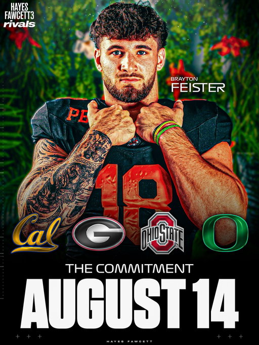 NEWS: Four-Star LB Brayton Feister will announce his Commitment on Friday, he tells me for @Rivals.IG

The 6’3 245 LB is the Top Uncommitted Recruit in the 2027 Class 
He’ll choose between Cal, Georgia, Ohio State, and Oregon

Where Should He Go?