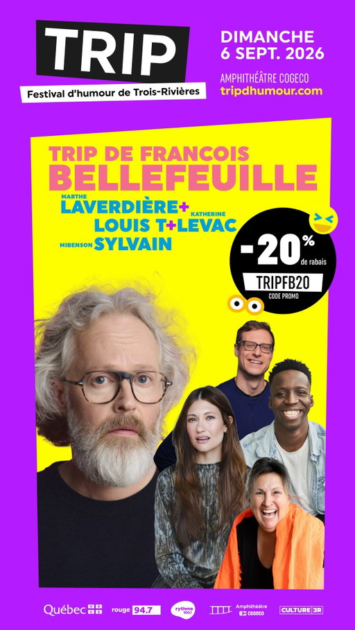 Salut! Ici le stagiaire déshydraté de François Bellefeuille qui vous invite à son TRIP (ben...pas le mien, celui de François) au TRIP d’humour de Trois-Rivières le 6 septembre! Utilisez le code TRIPFB20, seulement valide jusqu’au *vendredi* 14 août.

@tripdhumour