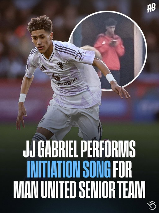 JJ Gabriel performed his initiation song for of the Manchester United senior squad… and he went with TLC - No Scrubs. Banger to be fair 😭🎤

Big things to come from JJ this season, he made his pre-season debut already and he is ready to play a part in the first team this year 💪🏽

The confidence to do that in front of the whole squad at just 15… but it might be best to stick to having a ball at his feet than a mic in his hands 😅