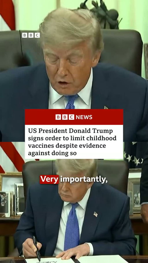The US President Donald Trump has signed an order that calls for fewer childhood vaccines and also recommends splitting the mumps, measles and rubella shots.

The order also recommends that the number of childhood vaccines drop to 11 from the existing 18 recommended by the American Academy of Pediatrics.

Trump's order serves as guidance, not a mandate, since shots required for school attendance are set at the state level, rather than by the federal government.

Tap the link in @BBCNews's bio to read more.

#BBCNews