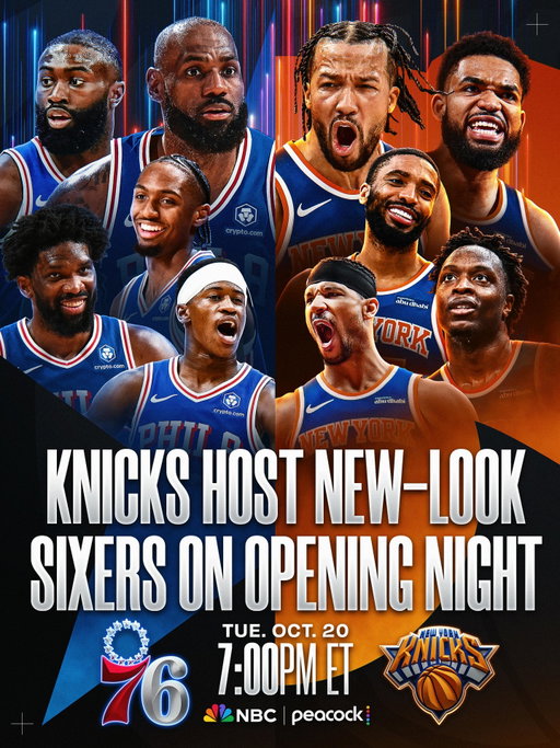 KNICKS BANNER RAISING NIGHT AT MSG. 🏆
LEBRON AND JAYLEN BROWN’S SIXERS DEBUTS. 🍿

The Knicks raise their first championship banner in 53 years before Jalen Brunson leads New York into its title defense against the new-look 76ers on Opening Night!

📅 Tuesday, October 20 on NBC and Peacock