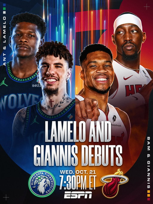 GIANNIS AND LAMELO DEBUT FOR THEIR NEW TEAMS 💥

Newly formed teammates Giannis Antetokounmpo and Bam Adebayo meet LaMelo Ball and Anthony Edwards in a must-watch Opening Week showdown!

📅 Wednesday, October 21 on ESPN