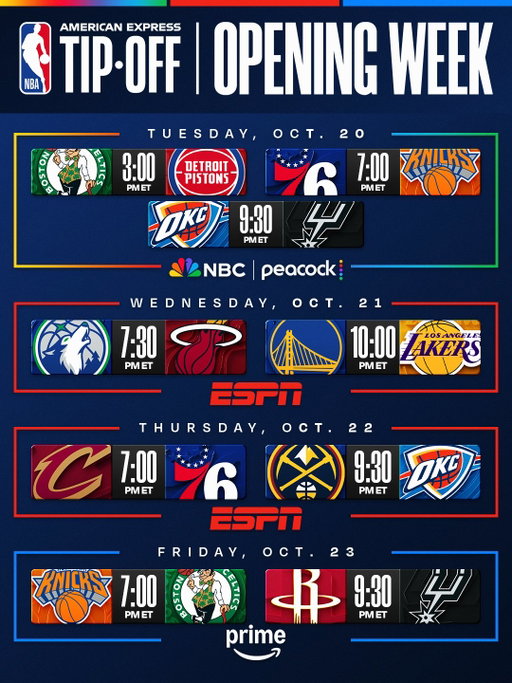 OPENING WEEK IS MUST-SEE 🍿

NBA Champions raise a banner. Superstars debut with new teams. Rivalries pick up where they left off.

The 2026-27 NBA season tips off Tuesday, October 20. Watch all the action on NBC/Peacock, ESPN and Prime. NBA Schedule Release presented by @ticketmaster

🍿 Jayson Tatum, Paul George and the Celtics visit Cade Cunningham and last year’s top-seeded Pistons
🍿 LeBron James and Jaylen Brown make Sixers debuts vs. Jalen Brunson and the Knicks on their championship banner raising night at MSG
🍿 Shai Gilgeous-Alexander and the Thunder face Victor Wembanyama and the Spurs in a West Finals rematch

🍿 Giannis (MIA) and LaMelo (MIN) make their new team debuts
🍿 Luka, Lakers host Steph, Warriors in LA
🍿 LeBron makes 76ers home debut vs. Spida and the Cavs
🍿 SGA and Joker clash in a matchup of the last two Kia NBA MVPs

🍿 Brunson and the reigning champion Knicks visit Tatum and the Celtics in Boston
🍿 KD and Wemby go head-to-head for Rockets/Spurs Texas showdown in Austin