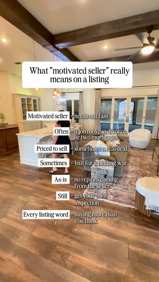 Listing words can reveal a lot ↓

If you are buying a home in Lubbock, pay attention to the words used in the listing. They can tell you more about the seller's situation and what to expect.

“Motivated seller” usually means the seller needs to move quickly. That could be because of a job move, a divorce, or carrying two mortgages.

“Priced to sell” could mean the seller has priced the home competitively. But sometimes it is simply a way to attract more buyers and create a bidding war.

“As-is” means the seller is not planning to make repairs. You should still get your own inspection so you know what you are buying.

The listing description is not just marketing. Read the wording carefully before you decide what a home is worth.

DM me and I will help you know what to look for when you are reading a Lubbock listing.

#LubbockRealEstate #LubbockHomes #FirstTimeHomebuyer