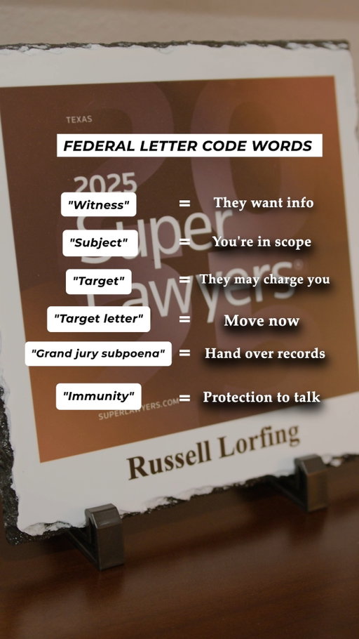 One word in a federal letter can change your next move. 🚩

""Witness,"" ""subject,"" and ""target"" aren't interchangeable. They can signal very different levels of government interest - and require different strategies.

If you receive a federal letter or subpoena, don't respond before having counsel review it.

#FederalInvestigation #FederalCriminalDefense #DOJ #GrandJury #CriminalDefense #WestTexas #KeithAndLorfing