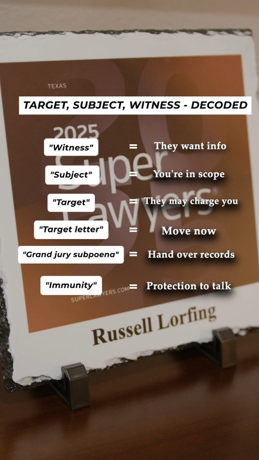 Witness. Subject. Target.

Those labels can mean very different things in a federal investigation.

A target letter, subpoena, or immunity offer isn't something to treat like ordinary mail. Read it with experienced counsel before you respond.

#FederalLaw #FederalInvestigation #DOJ #FederalDefense #LegalEducation #WestTexas #KeithAndLorfing